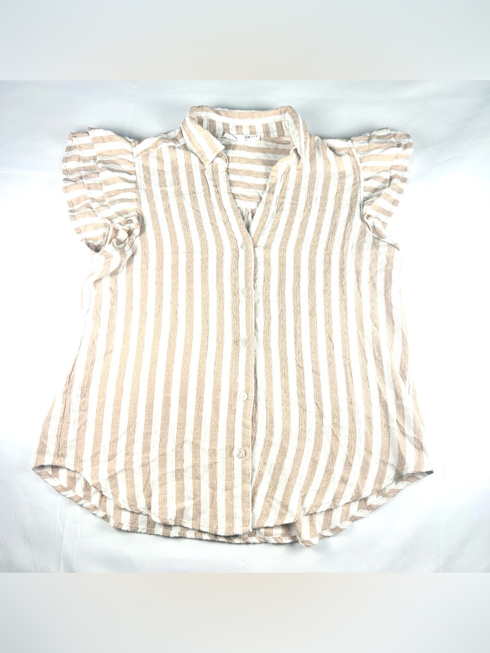 Jane and Delancey Top Women’s Medium Short Sleeve Button Down Tan Striped Boho